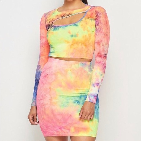 LOVE J Tie Dye Multi Neon Color Crop Top Skirt Set - Picture 11 of 12